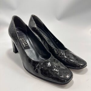 Stuart Weitzman black square toe croc embossed chunky heel pumps size 9